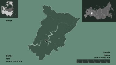 Perm 'in şekli, Rusya toprakları ve başkenti. Uzaklık ölçeği, ön gösterimler ve etiketler. Renkli yükseklik haritası. 3B görüntüleme