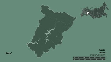 Perm 'in şekli, Rusya toprakları, sermayesi sağlam arka planda izole edilmiş. Uzaklık ölçeği, bölge önizlemesi ve etiketleri. Renkli yükseklik haritası. 3B görüntüleme