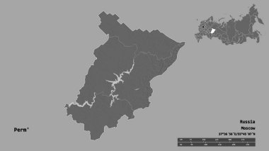 Perm 'in şekli, Rusya toprakları, sermayesi sağlam arka planda izole edilmiş. Uzaklık ölçeği, bölge önizlemesi ve etiketleri. Çift seviyeli yükseklik haritası. 3B görüntüleme