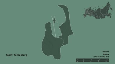Rusya 'nın başkenti Saint Petersburg' un katı arka planda izole edilmiş hali. Uzaklık ölçeği, bölge önizlemesi ve etiketleri. Renkli yükseklik haritası. 3B görüntüleme
