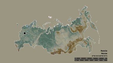 Başkenti, ana bölgesel bölünmesi ve ayrılmış Saint Petersburg bölgesi ile Rusya 'nın dejenere edilmiş şekli. Etiketler. Topografik yardım haritası. 3B görüntüleme