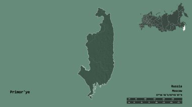Primorye 'nin şekli, Rusya toprakları, başkenti sağlam bir zemin üzerinde izole edilmiş. Uzaklık ölçeği, bölge önizlemesi ve etiketleri. Renkli yükseklik haritası. 3B görüntüleme