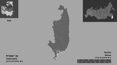 Primorye 'nin şekli, Rusya toprakları ve başkenti. Uzaklık ölçeği, ön gösterimler ve etiketler. Çift seviyeli yükseklik haritası. 3B görüntüleme