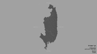 Primorye bölgesi, Rusya toprakları, katı bir arka planda izole edilmiş bir sınır kutusunda. Etiketler. Çift seviyeli yükseklik haritası. 3B görüntüleme