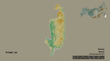 Primorye 'nin şekli, Rusya toprakları, başkenti sağlam bir zemin üzerinde izole edilmiş. Uzaklık ölçeği, bölge önizlemesi ve etiketleri. Topografik yardım haritası. 3B görüntüleme