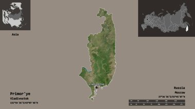 Primorye 'nin şekli, Rusya toprakları ve başkenti. Uzaklık ölçeği, ön gösterimler ve etiketler. Uydu görüntüleri. 3B görüntüleme