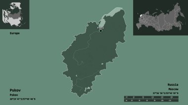 Pskov 'un şekli, Rusya bölgesi ve başkenti. Uzaklık ölçeği, ön gösterimler ve etiketler. Renkli yükseklik haritası. 3B görüntüleme