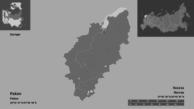 Pskov 'un şekli, Rusya bölgesi ve başkenti. Uzaklık ölçeği, ön gösterimler ve etiketler. Çift seviyeli yükseklik haritası. 3B görüntüleme
