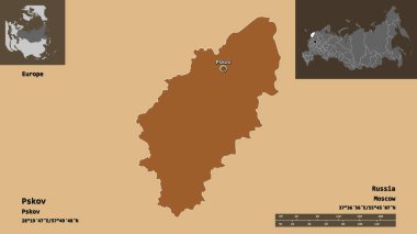 Pskov 'un şekli, Rusya bölgesi ve başkenti. Uzaklık ölçeği, ön gösterimler ve etiketler. Düzenli desenli dokuların bileşimi. 3B görüntüleme