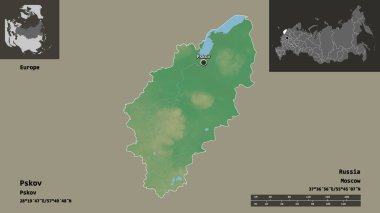 Pskov 'un şekli, Rusya bölgesi ve başkenti. Uzaklık ölçeği, ön gösterimler ve etiketler. Topografik yardım haritası. 3B görüntüleme