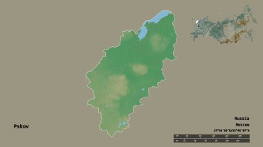 Rusya 'nın Pskov bölgesi, başkenti sağlam bir zemin üzerinde izole edilmiş. Uzaklık ölçeği, bölge önizlemesi ve etiketleri. Topografik yardım haritası. 3B görüntüleme