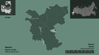 Rostov 'un şekli, Rusya bölgesi ve başkenti. Uzaklık ölçeği, ön gösterimler ve etiketler. Renkli yükseklik haritası. 3B görüntüleme