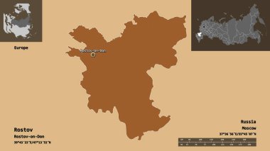 Rostov 'un şekli, Rusya bölgesi ve başkenti. Uzaklık ölçeği, ön gösterimler ve etiketler. Düzenli desenli dokuların bileşimi. 3B görüntüleme