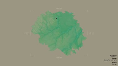 Rusya 'nın Ryazan bölgesi, jeoreferatlı bir sınır kutusunda sağlam bir arka planda izole edilmiş. Etiketler. Topografik yardım haritası. 3B görüntüleme