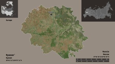Ryazan 'ın şekli, Rusya bölgesi ve başkenti. Uzaklık ölçeği, ön gösterimler ve etiketler. Uydu görüntüleri. 3B görüntüleme