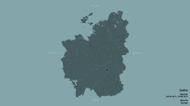 Sakha bölgesi, Rusya Cumhuriyeti, jeoreferatlı bir sınır kutusunda sağlam bir arka planda izole edilmiş. Etiketler. Renkli yükseklik haritası. 3B görüntüleme