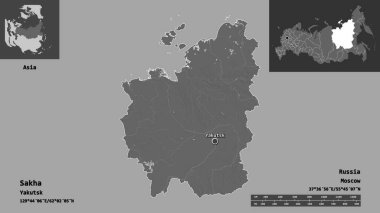 Sakha 'nın şekli, Rusya Cumhuriyeti ve başkenti. Uzaklık ölçeği, ön gösterimler ve etiketler. Çift seviyeli yükseklik haritası. 3B görüntüleme