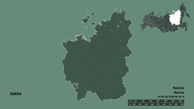 Rusya Cumhuriyeti 'nin başkenti Sakha' nın katı arka planda izole edilmiş hali. Uzaklık ölçeği, bölge önizlemesi ve etiketleri. Renkli yükseklik haritası. 3B görüntüleme
