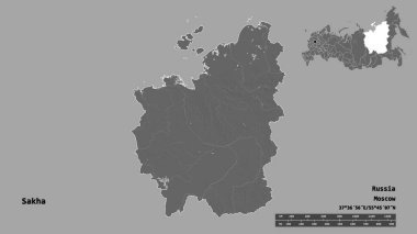 Rusya Cumhuriyeti 'nin başkenti Sakha' nın katı arka planda izole edilmiş hali. Uzaklık ölçeği, bölge önizlemesi ve etiketleri. Çift seviyeli yükseklik haritası. 3B görüntüleme