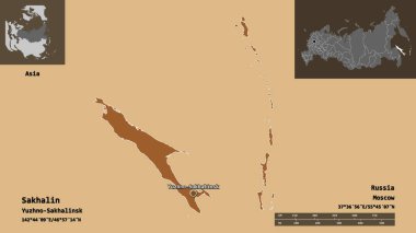Sakhalin 'in şekli, Rusya bölgesi ve başkenti. Uzaklık ölçeği, ön gösterimler ve etiketler. Düzenli desenli dokuların bileşimi. 3B görüntüleme
