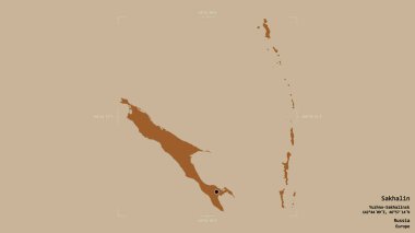 Rusya 'nın Sakhalin bölgesi, jeoreferatlı bir sınır kutusunda sağlam bir arka planda izole edilmiş. Etiketler. Desenli dokuların bileşimi. 3B görüntüleme