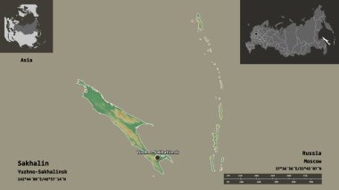 Sakhalin 'in şekli, Rusya bölgesi ve başkenti. Uzaklık ölçeği, ön gösterimler ve etiketler. Topografik yardım haritası. 3B görüntüleme