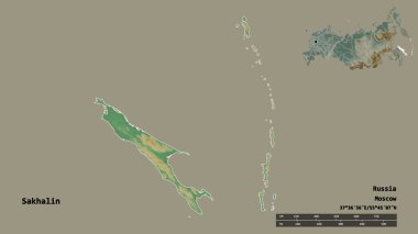 Rusya 'nın Sakhalin bölgesi, başkenti sağlam bir zemin üzerinde izole edilmiş. Uzaklık ölçeği, bölge önizlemesi ve etiketleri. Topografik yardım haritası. 3B görüntüleme