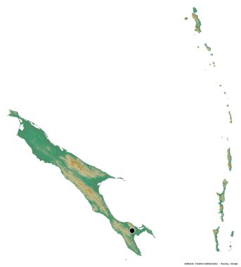 Rusya 'nın Sakhalin bölgesi, başkenti beyaz arka planda izole edilmiş. Topografik yardım haritası. 3B görüntüleme