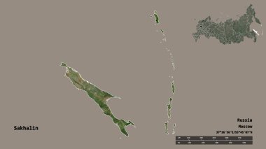 Rusya 'nın Sakhalin bölgesi, başkenti sağlam bir zemin üzerinde izole edilmiş. Uzaklık ölçeği, bölge önizlemesi ve etiketleri. Uydu görüntüleri. 3B görüntüleme