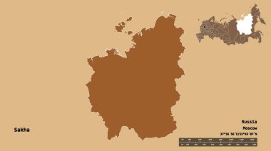 Rusya Cumhuriyeti 'nin başkenti Sakha' nın katı arka planda izole edilmiş hali. Uzaklık ölçeği, bölge önizlemesi ve etiketleri. Düzenli desenli dokuların bileşimi. 3B görüntüleme