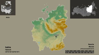 Sakha 'nın şekli, Rusya Cumhuriyeti ve başkenti. Uzaklık ölçeği, ön gösterimler ve etiketler. Topografik yardım haritası. 3B görüntüleme