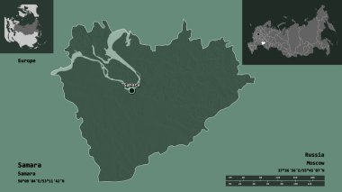 Samara 'nın şekli, Rusya bölgesi ve başkenti. Uzaklık ölçeği, ön gösterimler ve etiketler. Renkli yükseklik haritası. 3B görüntüleme