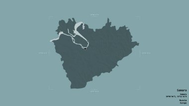 Samara bölgesi, Rusya bölgesi, jeoreferatlı bir sınır kutusunda sağlam bir arka planda izole edilmiş. Etiketler. Renkli yükseklik haritası. 3B görüntüleme