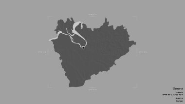 Samara bölgesi, Rusya bölgesi, jeoreferatlı bir sınır kutusunda sağlam bir arka planda izole edilmiş. Etiketler. Çift seviyeli yükseklik haritası. 3B görüntüleme