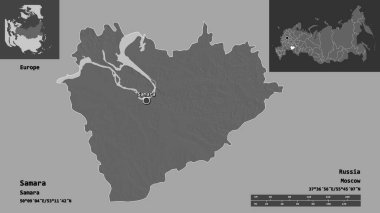 Samara 'nın şekli, Rusya bölgesi ve başkenti. Uzaklık ölçeği, ön gösterimler ve etiketler. Çift seviyeli yükseklik haritası. 3B görüntüleme