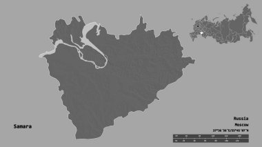Samara 'nın şekli, Rusya bölgesi, başkenti sağlam arka planda izole edilmiş. Uzaklık ölçeği, bölge önizlemesi ve etiketleri. Çift seviyeli yükseklik haritası. 3B görüntüleme