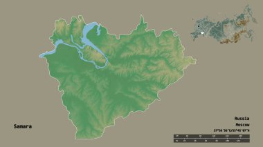 Samara 'nın şekli, Rusya bölgesi, başkenti sağlam arka planda izole edilmiş. Uzaklık ölçeği, bölge önizlemesi ve etiketleri. Topografik yardım haritası. 3B görüntüleme