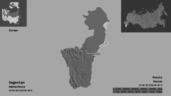 ダゲスタン共和国 ロシア共和国 およびその首都の形 距離スケール プレビューおよびラベル 標高マップ 3Dレンダリング — ストック写真