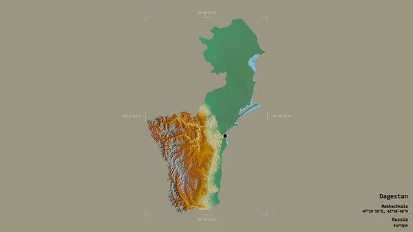 ロシアの共和国ダゲスタンの地域は 洗練された境界の箱の中の強固な背景に隔離されています ラベル 地形図 3Dレンダリング — ストック写真