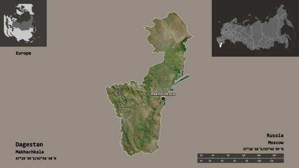 达吉斯坦的形状 俄罗斯的共和国 及其首都 距离刻度 预览和标签 卫星图像 3D渲染 — 图库照片