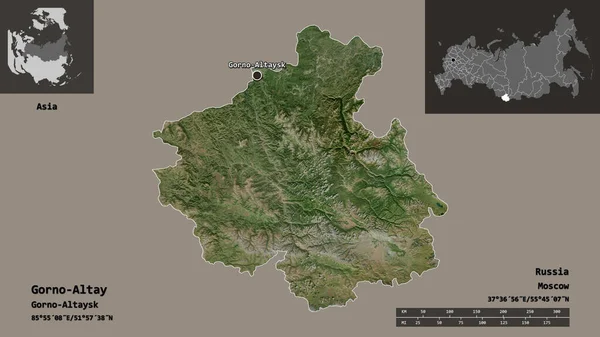 ロシア共和国のゴルノ アルタイとその首都の形 距離スケール プレビューおよびラベル 衛星画像 3Dレンダリング — ストック写真