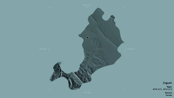 ロシア共和国のイングッシュの地域は 洗練された境界の箱の中の強固な背景に隔離されています ラベル 色の標高マップ 3Dレンダリング — ストック写真