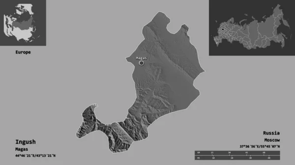 印古什形状 俄罗斯共和国及其首都 距离刻度 预览和标签 Bilevel高程图 3D渲染 — 图库照片