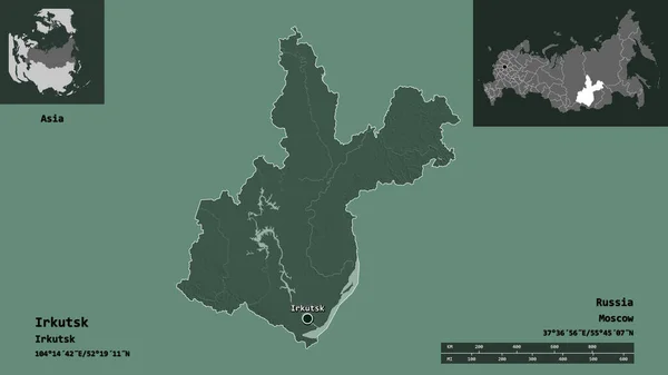 イルクーツクの形状 ロシアの地域 およびその首都 距離スケール プレビューおよびラベル 色の標高マップ 3Dレンダリング — ストック写真