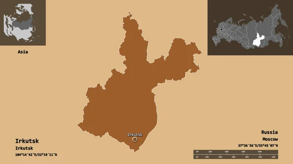 Gestalt Von Irkutsk Region Russlands Und Seiner Hauptstadt Entfernungsskala Vorschau — Stockfoto