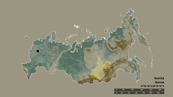 俄罗斯以首都 主要地区区划和分离的伊尔库茨克地区为首都的专制形态 地形浮雕图 3D渲染 — 图库照片
