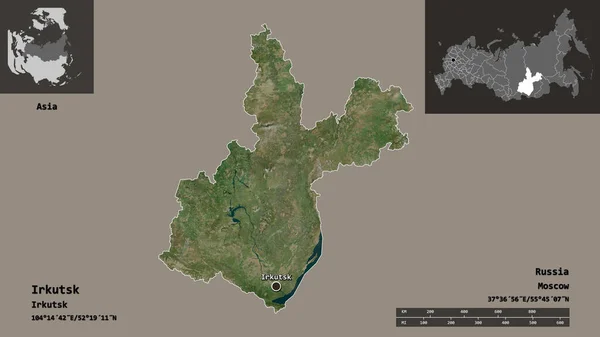 俄罗斯伊尔库茨克地区的形状及其首都 距离刻度 预览和标签 卫星图像 3D渲染 — 图库照片