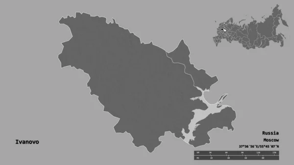 俄罗斯伊凡诺沃地区的形状 其首都在坚实的背景下与世隔绝 距离尺度 区域预览和标签 Bilevel高程图 3D渲染 — 图库照片