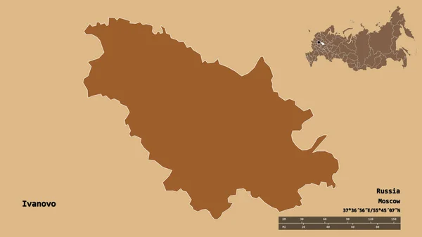 イヴァノヴォの形 ロシアの地域 その首都はしっかりとした背景に隔離されています 距離スケール リージョンプレビュー およびラベル 規則的にパターン化されたテクスチャの構成 3Dレンダリング — ストック写真