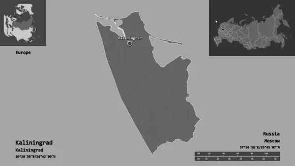 Kształt Kaliningradu Regionu Rosji Jej Stolicy Skala Odległości Zapowiedzi Etykiety — Zdjęcie stockowe